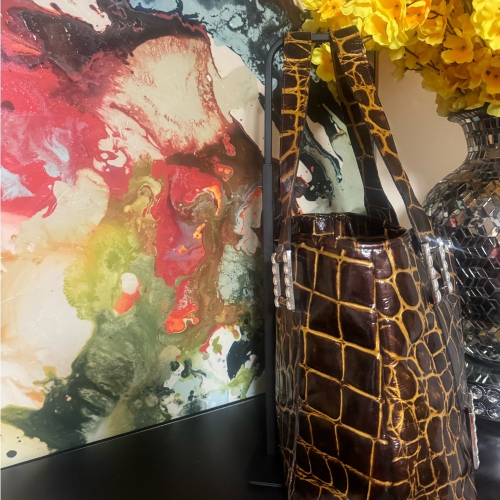 Raviani Brown Crocodile-Embossed Satchel - Picture 3 of 11